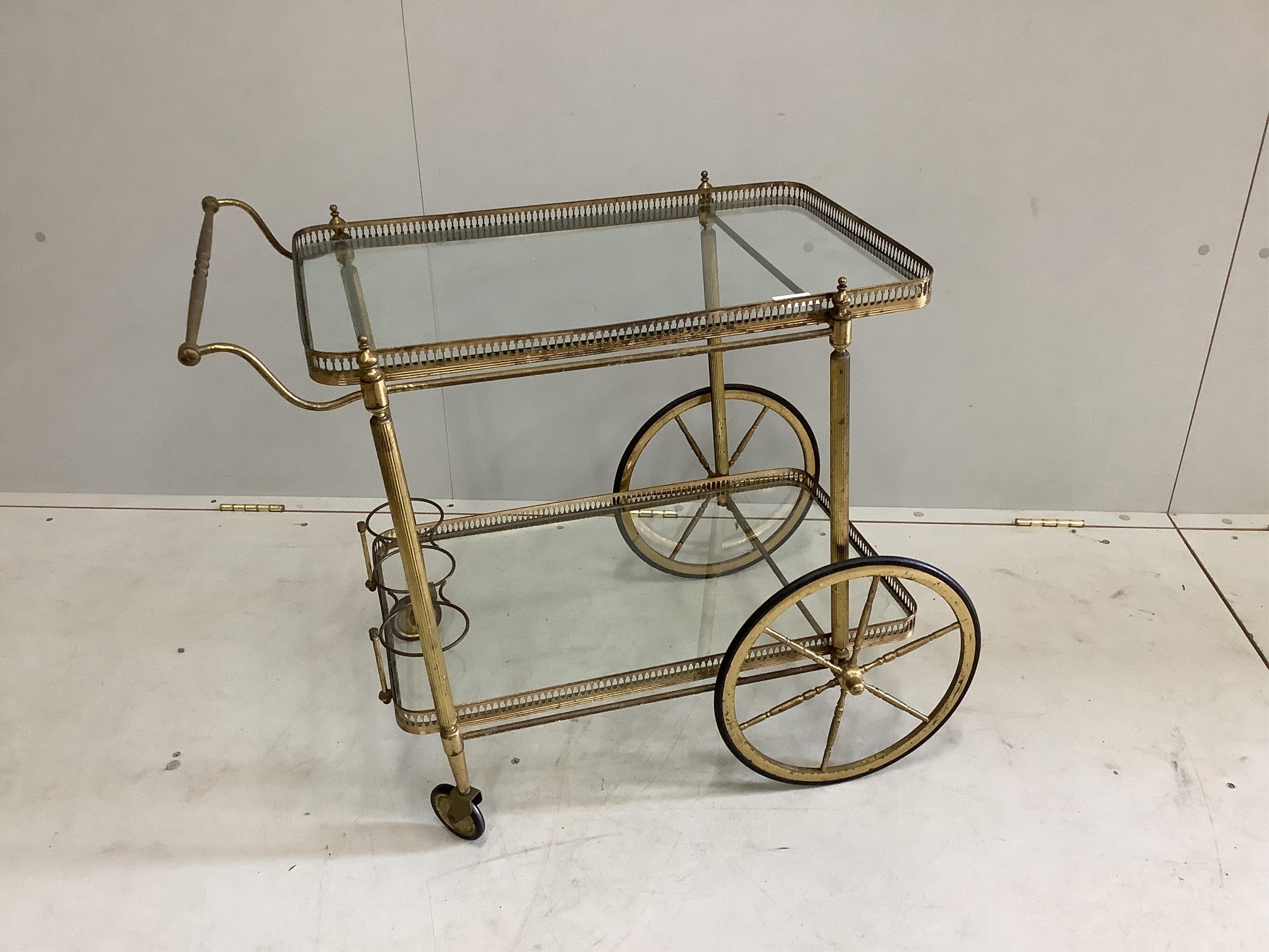 A Maison Jansen style brass and clear glass two tier tea trolley (a.f.), width 73cm, depth 42cm, height 66cm